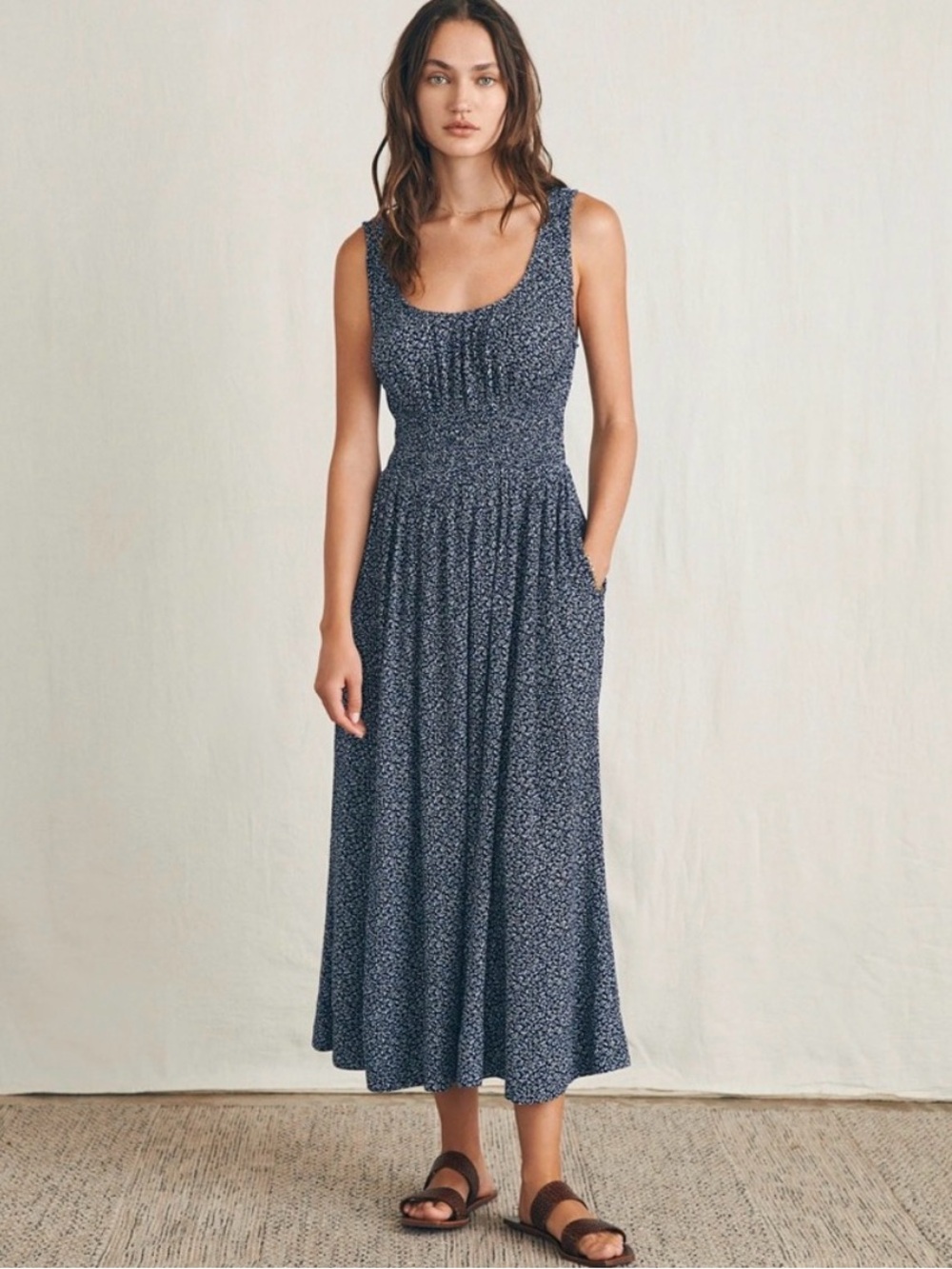 Faherty Sunseeker Midi Dress Navy Riverton Ditsy Floral M Coastal Cottagecore